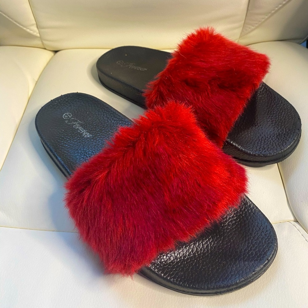 Size 8.5 Red Furry Slides